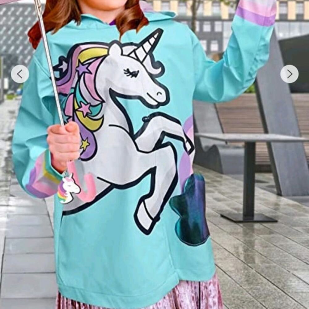 NWT Addie & Tate Unicorn Rain Coat Light Blue Rainbow Cute Cloud Pocket Hooded